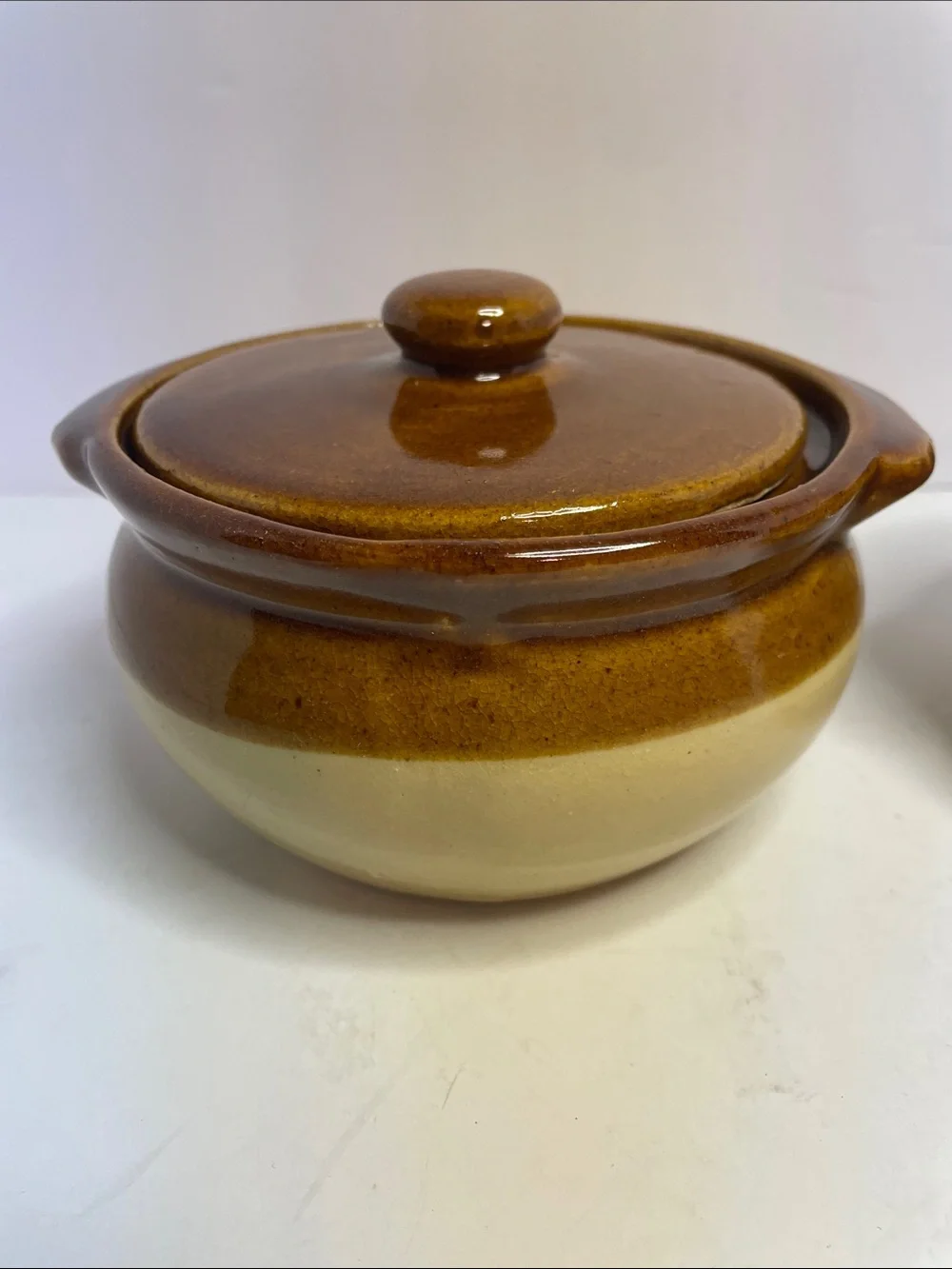 Stoneware Covered Casserole Bowls “bean pots” in Brown and Cream - Set of 2
